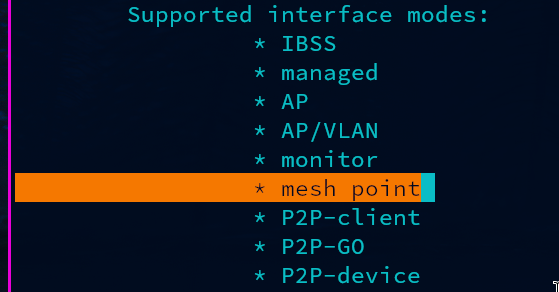 The above command output showing mesh point is supported.